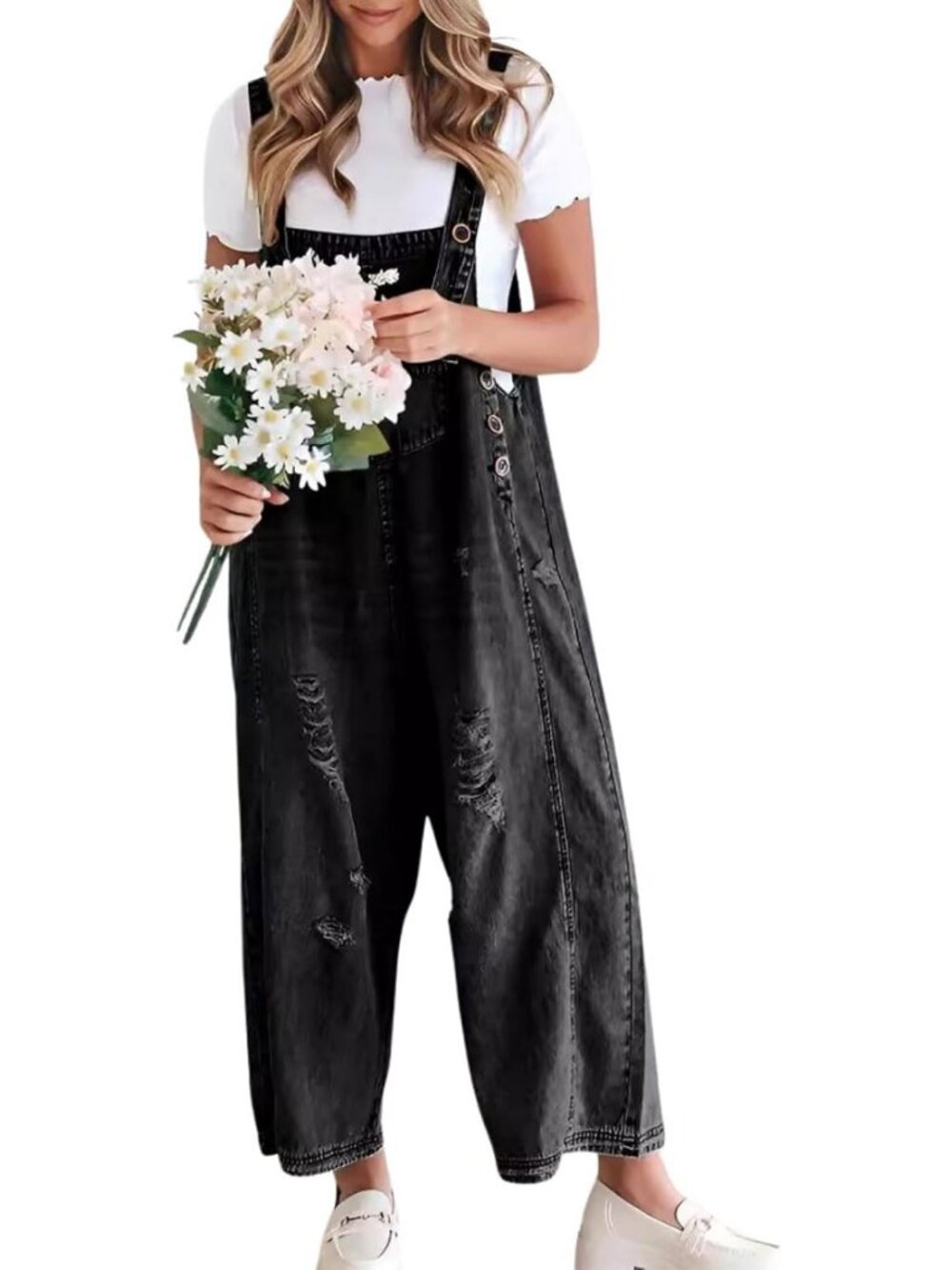 Distressed Wide Leg Denim Bib Overalls for Women - Loose Fit Adjustable Jumpsuit